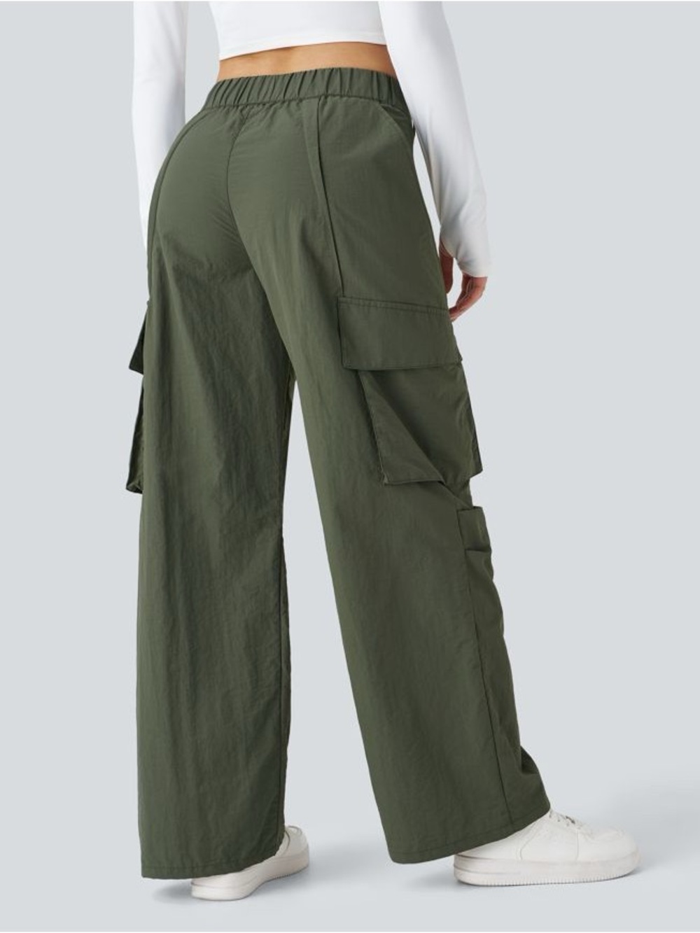 Halara Mid-Rise Wide-Leg Baggy Cargo Pants Army Green Nylon Medium 8/10 - Picture 3 of 10